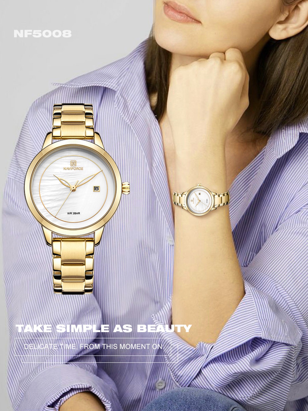 

Naviforce Women Brass Dial & Stainless Steel Straps Analogue Watch NF5008 GW, Gold