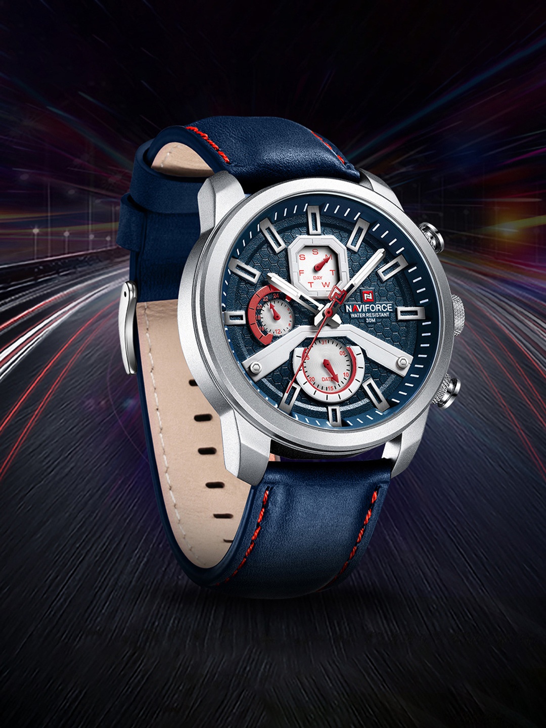 

Naviforce Men Brass Printed Dial & Leather Straps Analogue Chronograph Watch NF9211L SBEBE, Blue