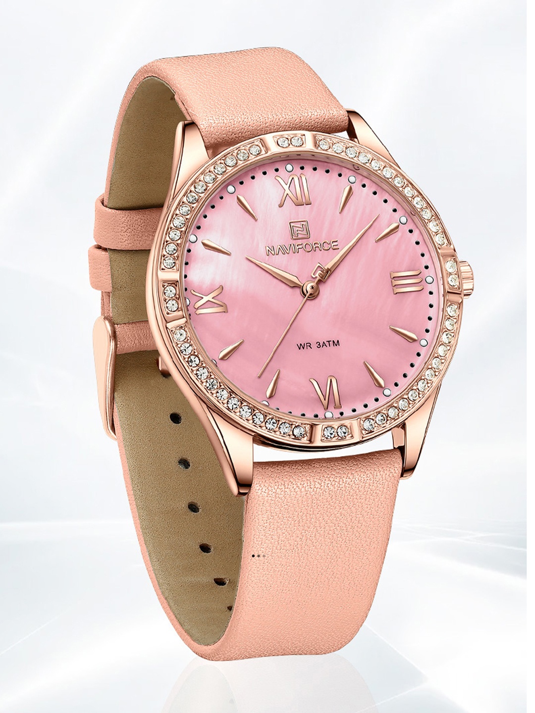 

Naviforce Women Brass Embellished Dial & Leather Straps Analogue Watch NF5038 RGR, Pink
