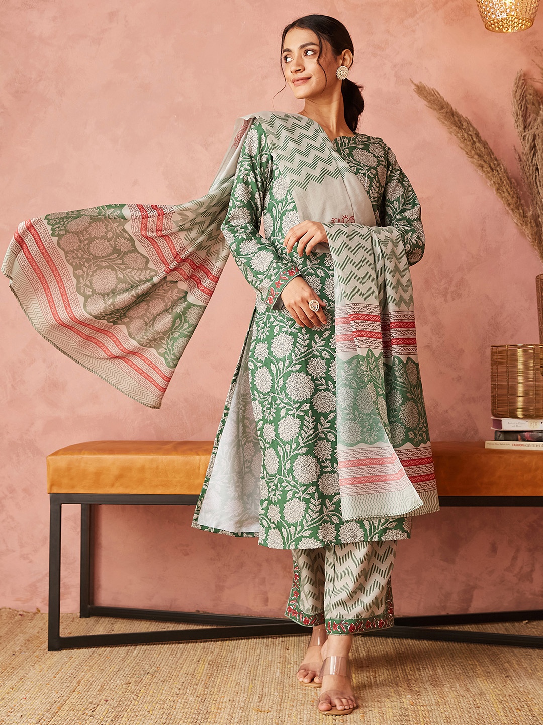 

KALINI Floral Printed Straight Kurta with Trousers & Dupatta, Beige