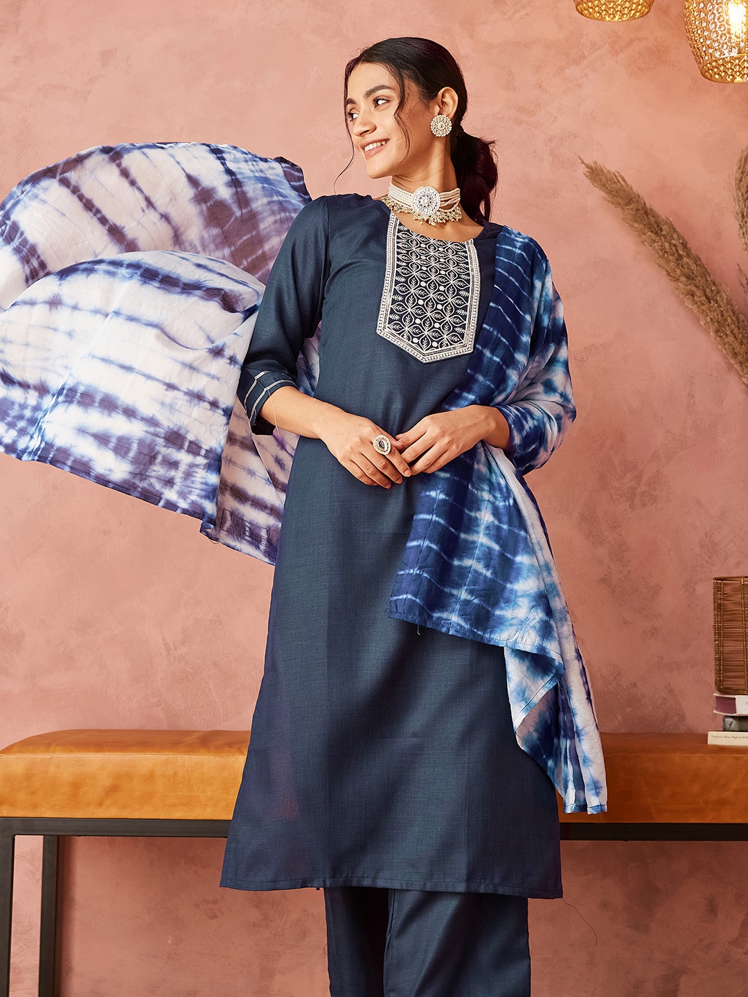 

KALINI Ethnic Motifs Embroidered Sequinned Kurta with Palazzos & Dupatta, Blue