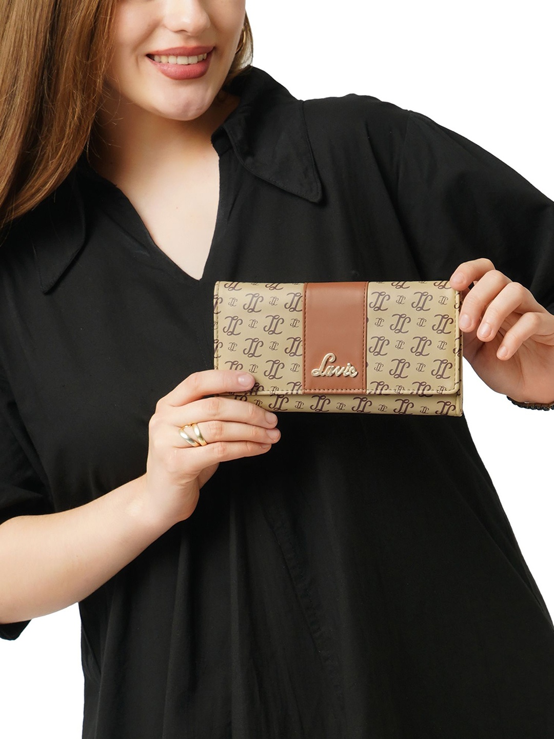 

Lavie Women Trifiano Monogram Printed Three Fold Wallet, Taupe