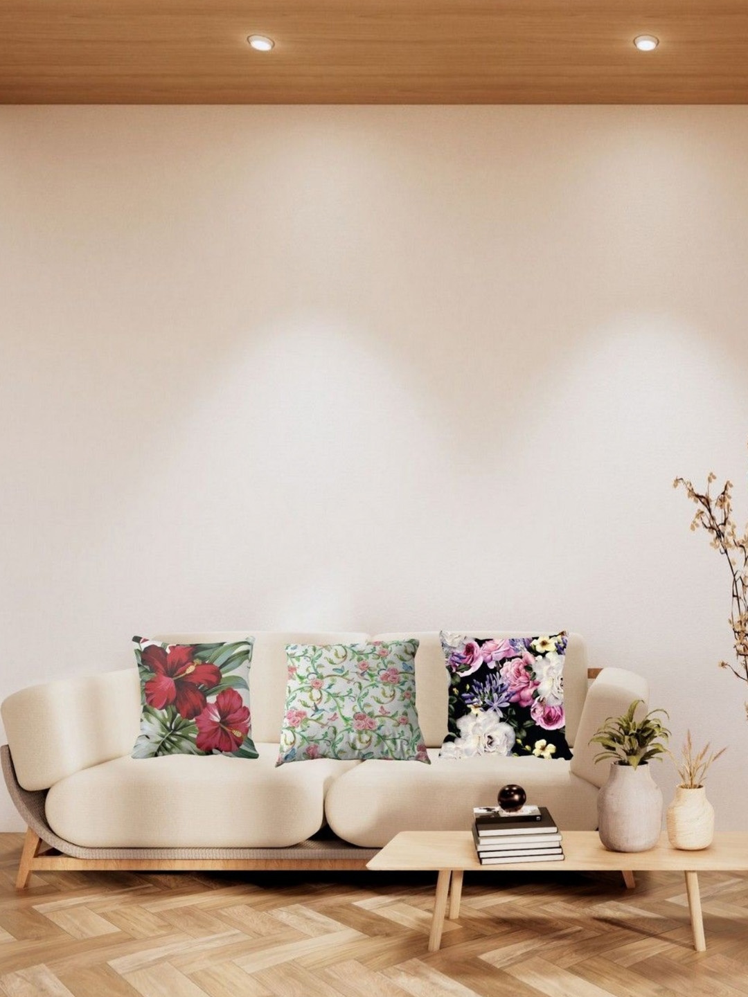 

THEYAYACAFE White & Green 3 Pieces Floral Velvet Square Cushion Covers