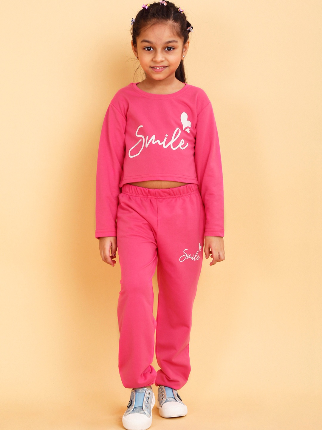 

YK X Trampoline Girls Typographic Printed Crop Top with Trousers, Pink