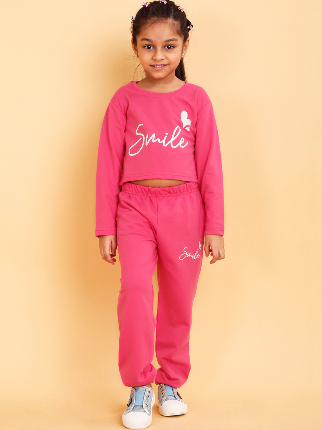 

YK X Trampoline Girls Typographic Printed Crop Top with Trousers, Pink