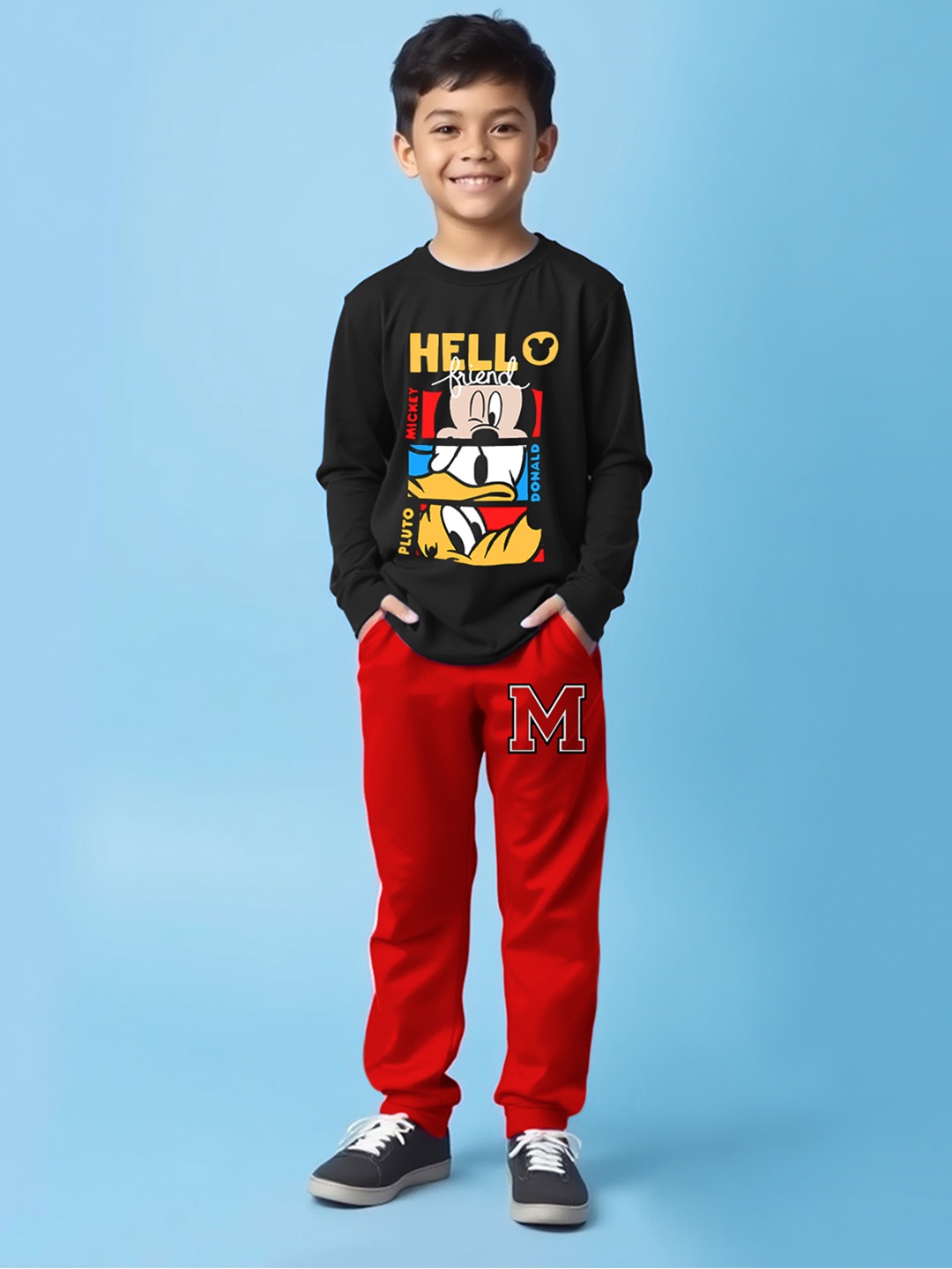 

YK Disney Boys Mickey & Friends Graphic Printed Tshirt With Trackpant, Black