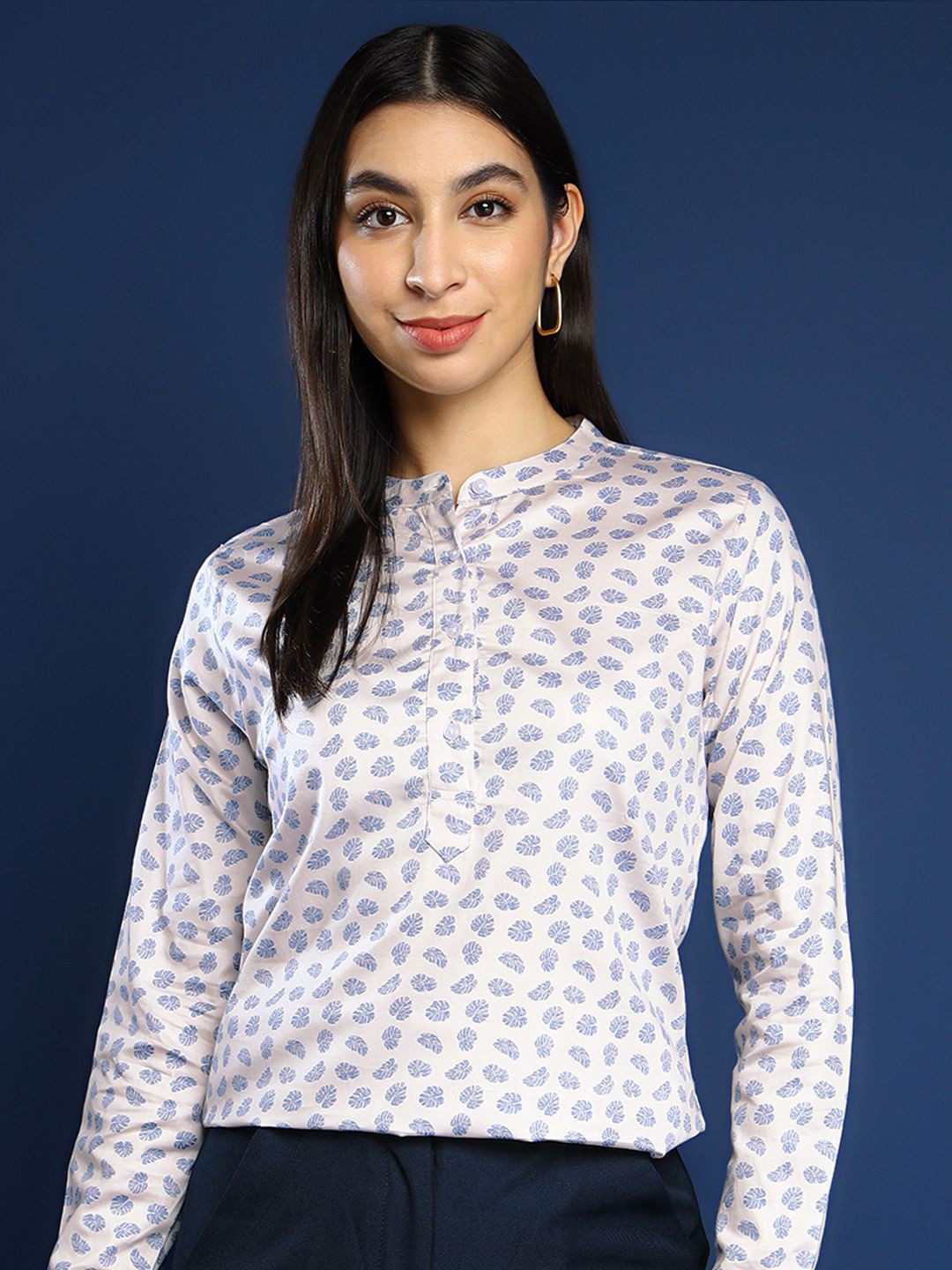 

Hancock Tropical Print Mandarin Collar Tropical Cotton Top, Cream