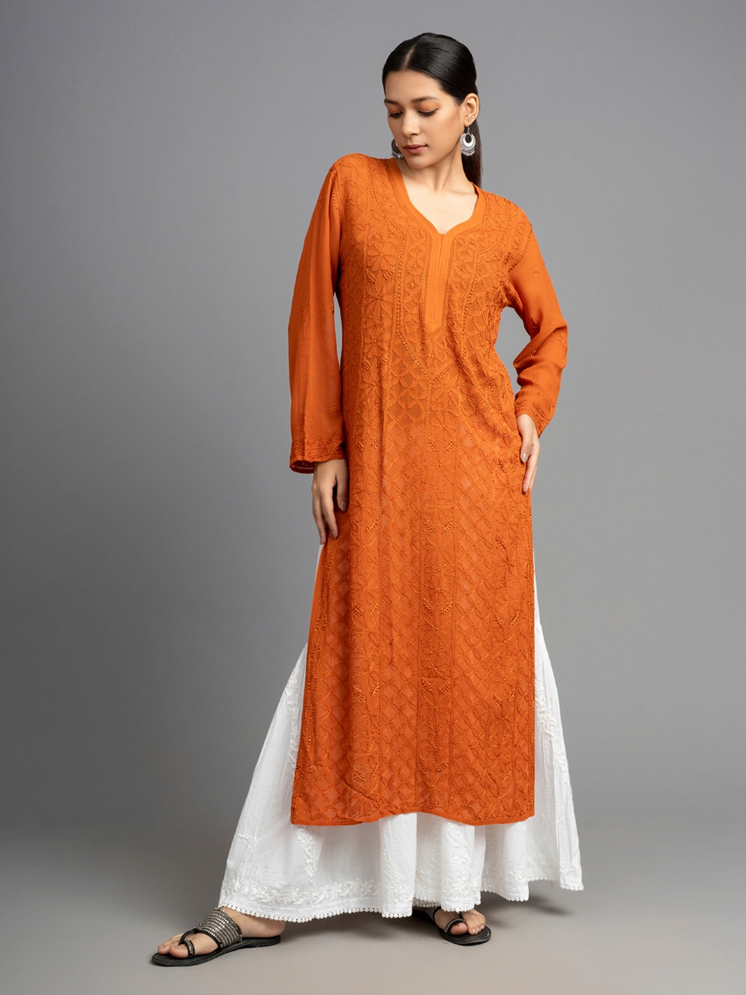 

Hastya Kala Embroidered Chikankari V Neck Straight Kurta, Orange