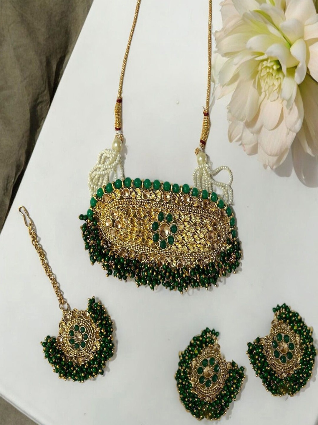

AccessHer Gold-Plated Stone Studded & Beaded Choker Jewellery Set