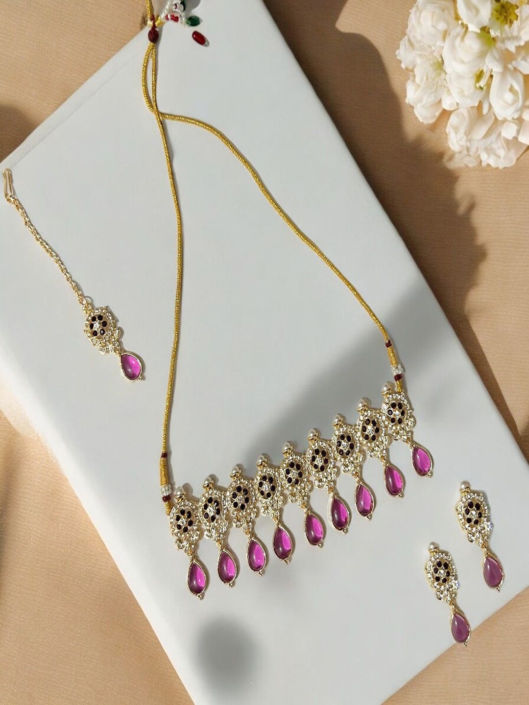 

AccessHer Gold-Plated Stone Studded & Beaded Choker Jewellery Set