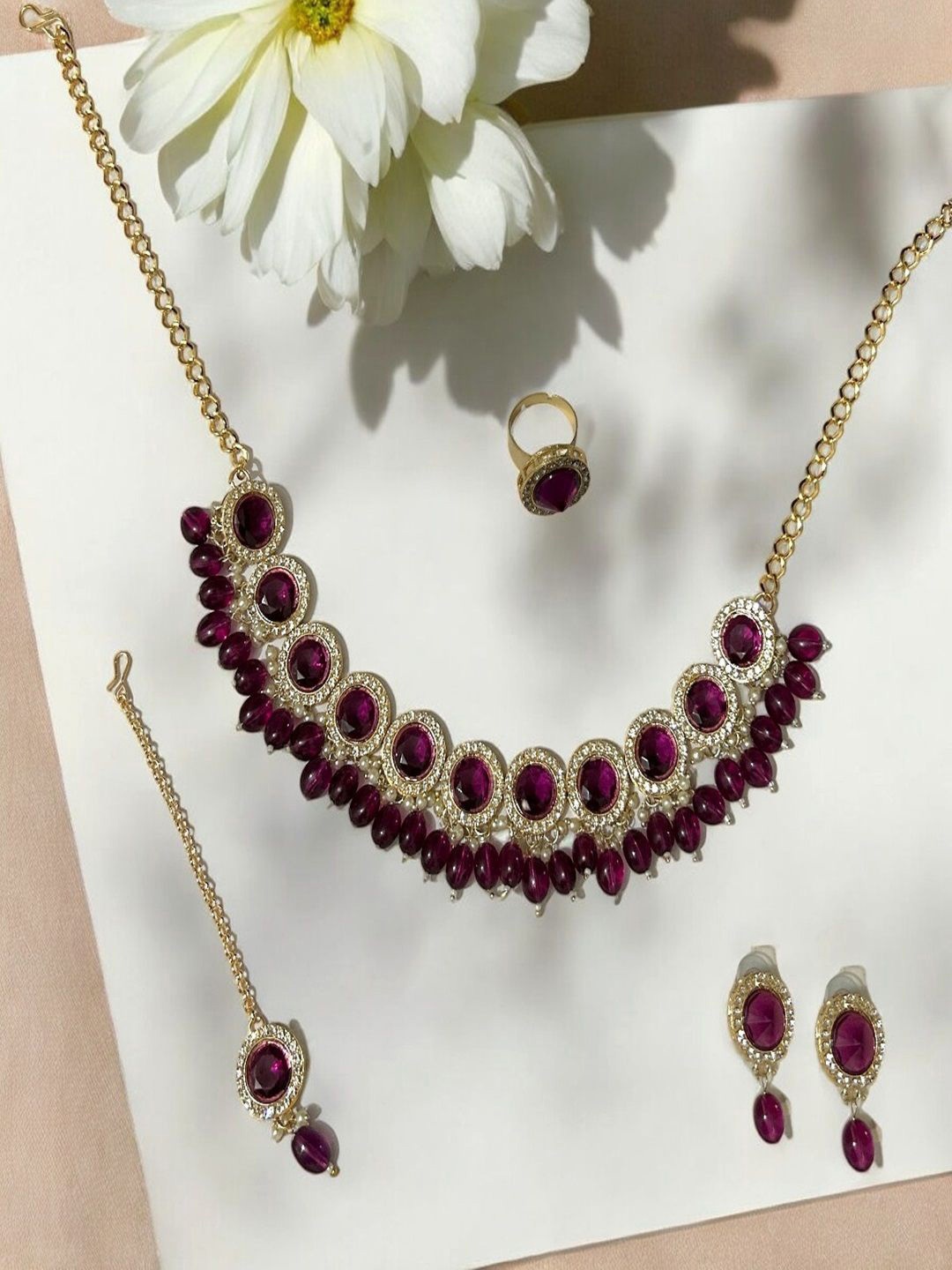 

AccessHer Gold-Plated Stone Studded & Beaded Choker Jewellery Set, Pink