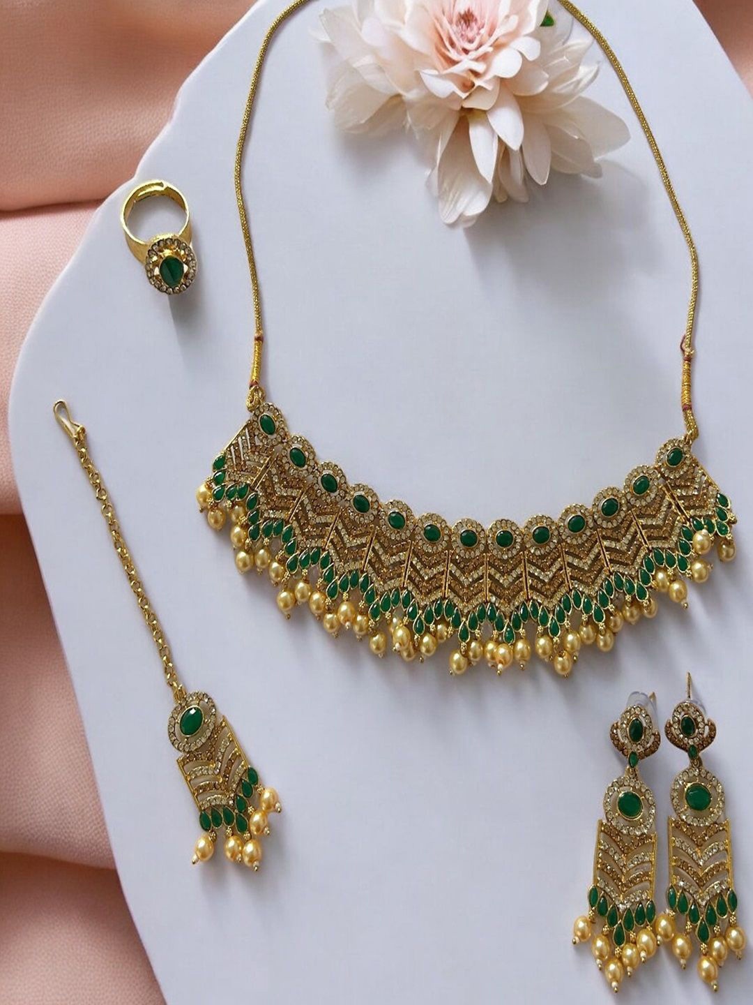 

AccessHer Gold-Plated Stone Studded & Beaded Choker Jewellery Set