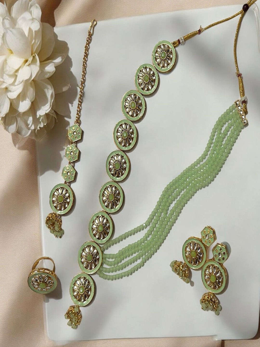 

AccessHer Gold-Plated Stone Studded & Beaded Choker Jewellery Set