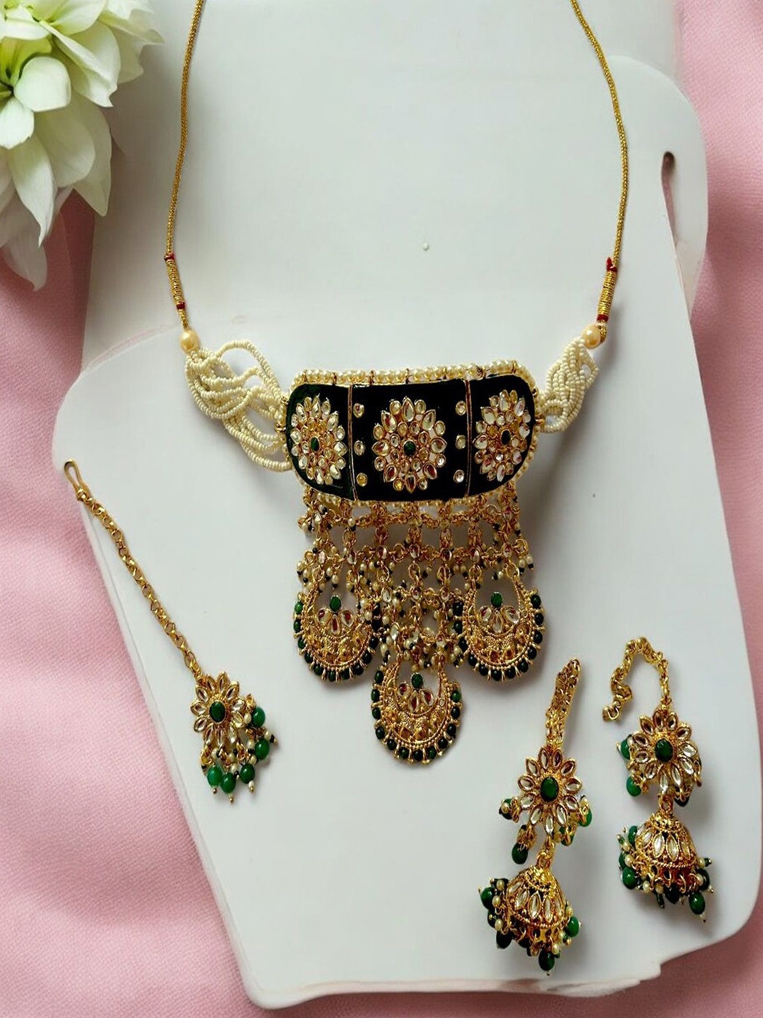 

AccessHer Gold-Plated Stone Studded & Beaded Choker Jewellery Set