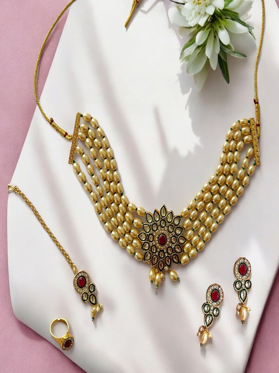 

AccessHer Gold-Plated Stone Studded & Beaded Choker Jewellery Set