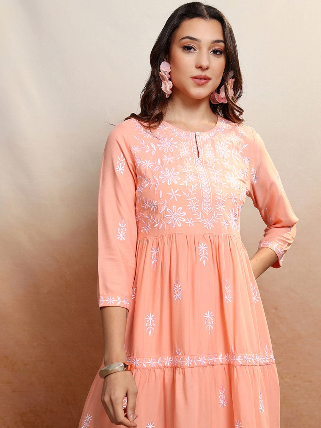 

Vishudh Women Embroidered Tiered Fit & Flare Dress, Coral