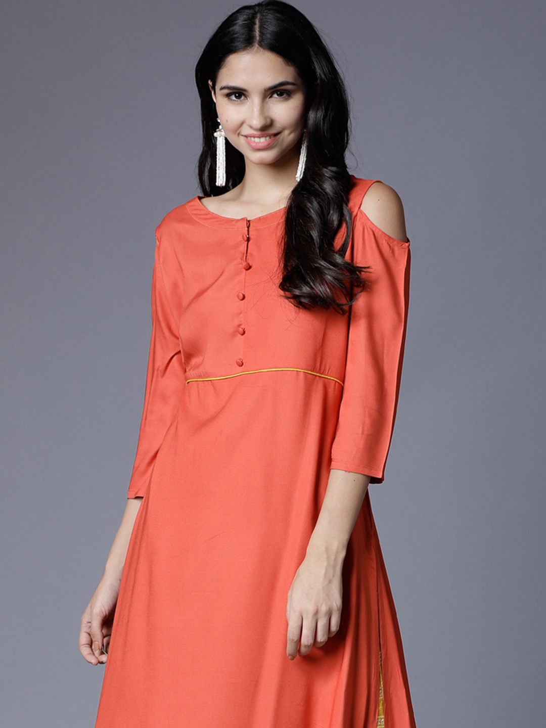 

Vishudh Rust Round Neck Cold-Shoulder Sleeves Asymmetric A-Line Kurta