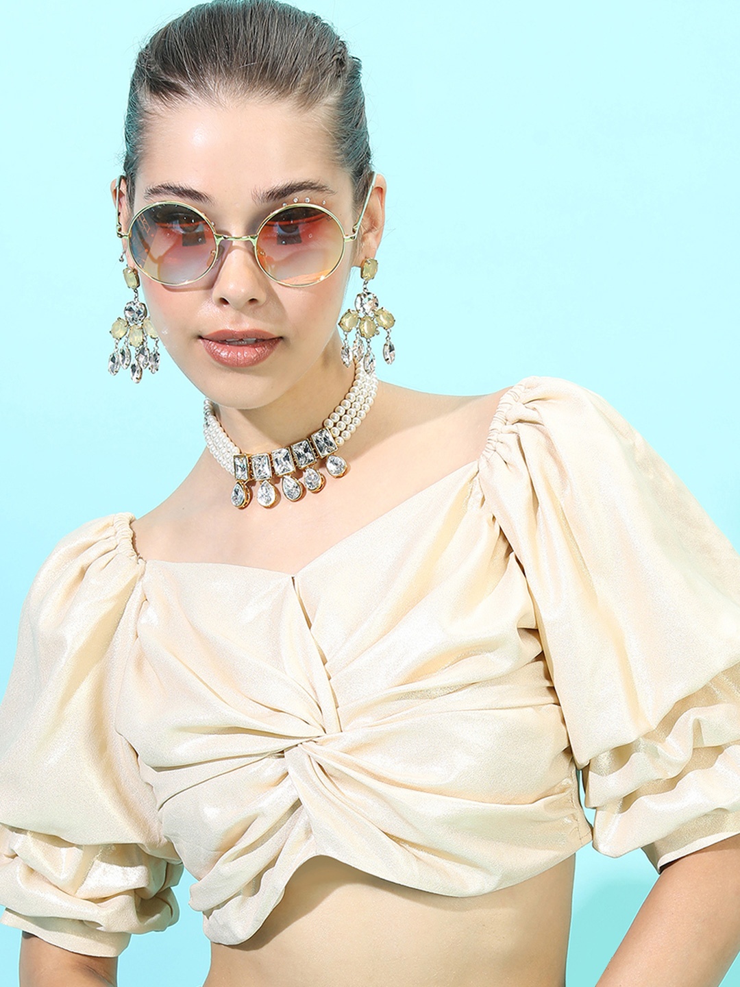 

Vishudh Sweetheart Neck Puff Sleeve Crop Top, Cream