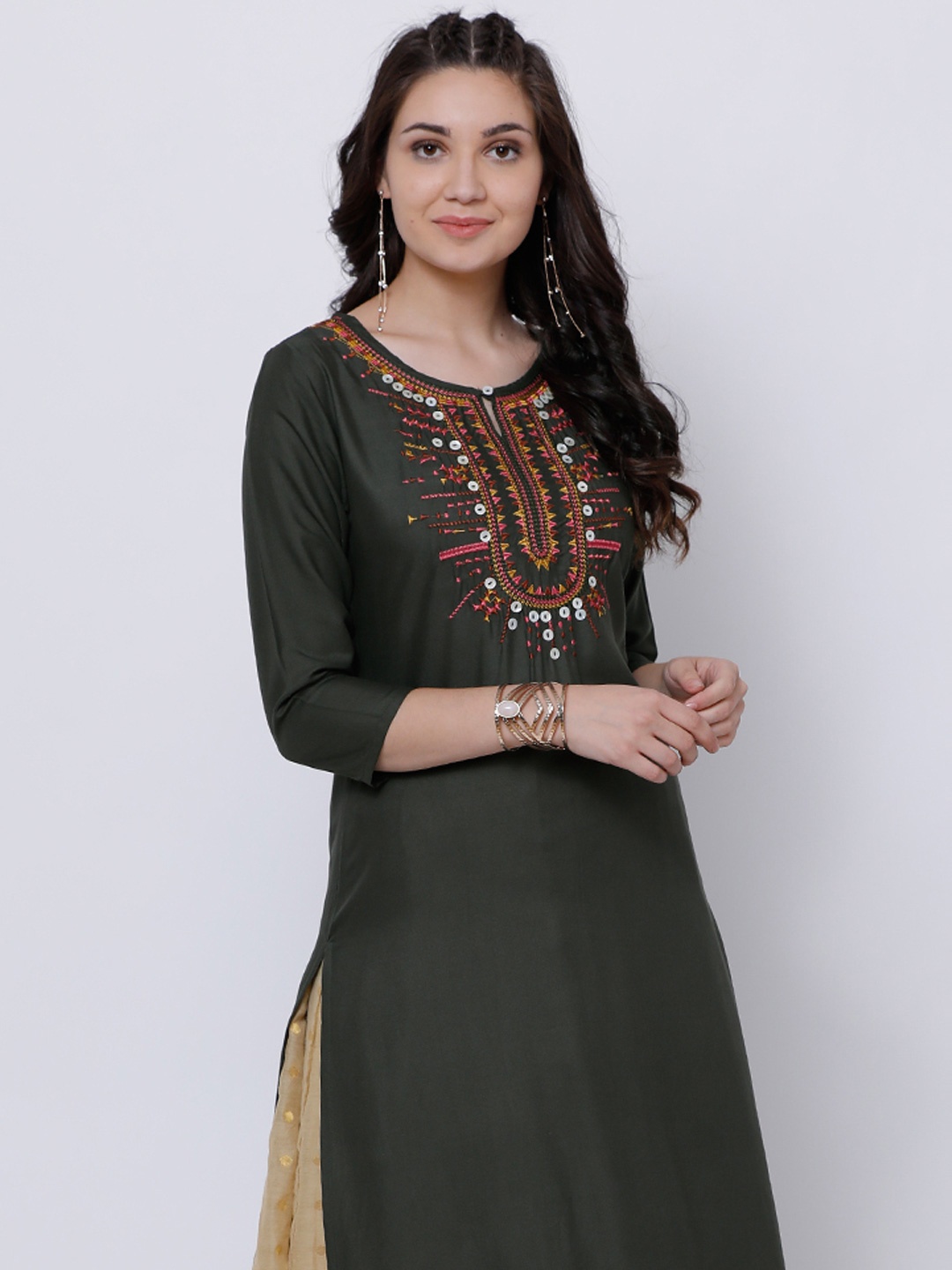 

Vishudh Olive Green Geometric Embroidered Keyhole Neck Thread Work Straight Kurta