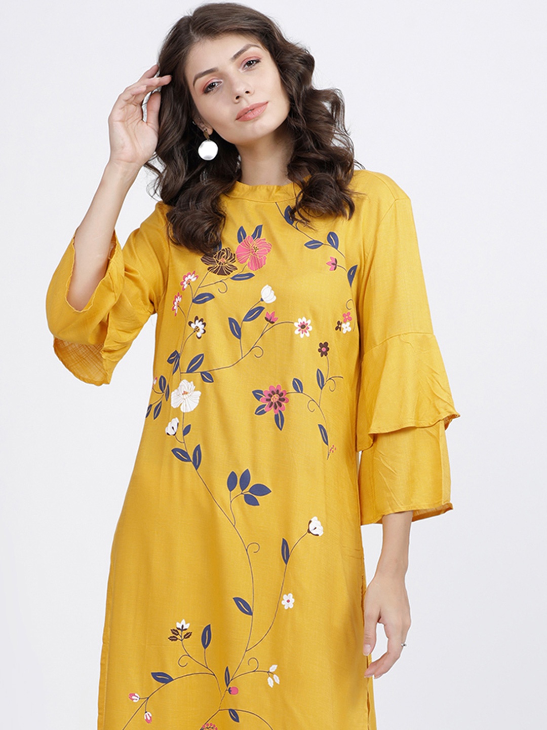 

Vishudh Yellow Floral Printed Round Neck Flared Sleeves Thread Work Kurta, Mustard