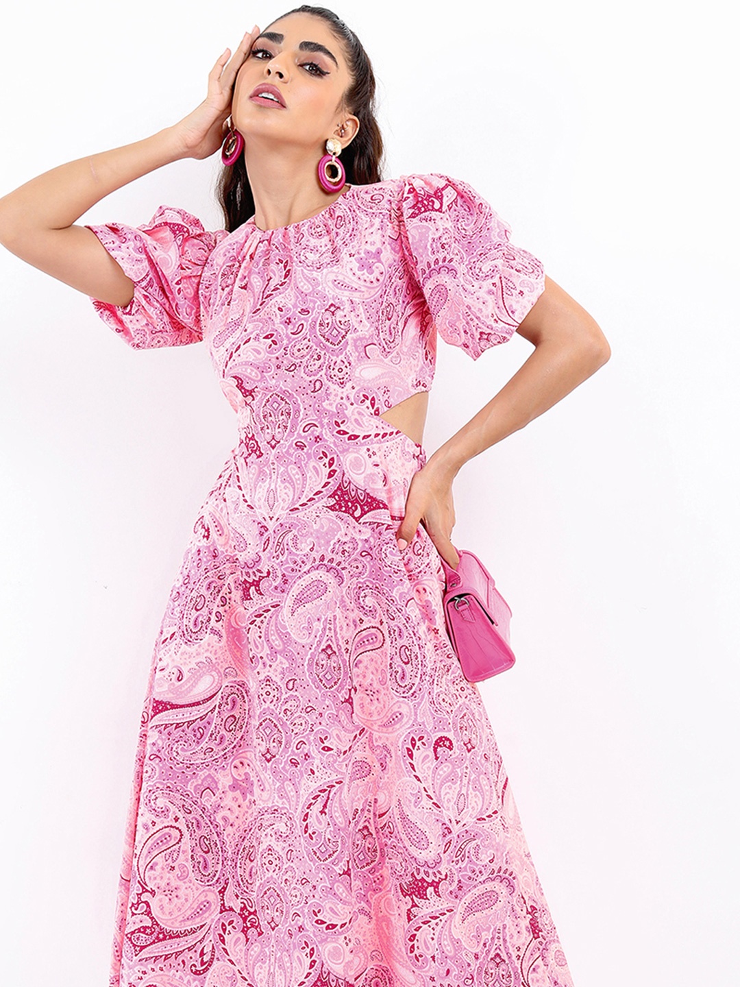 

Tokyo Talkies Floral Print A-Line Midi Dress With Cut-Outs, Pink