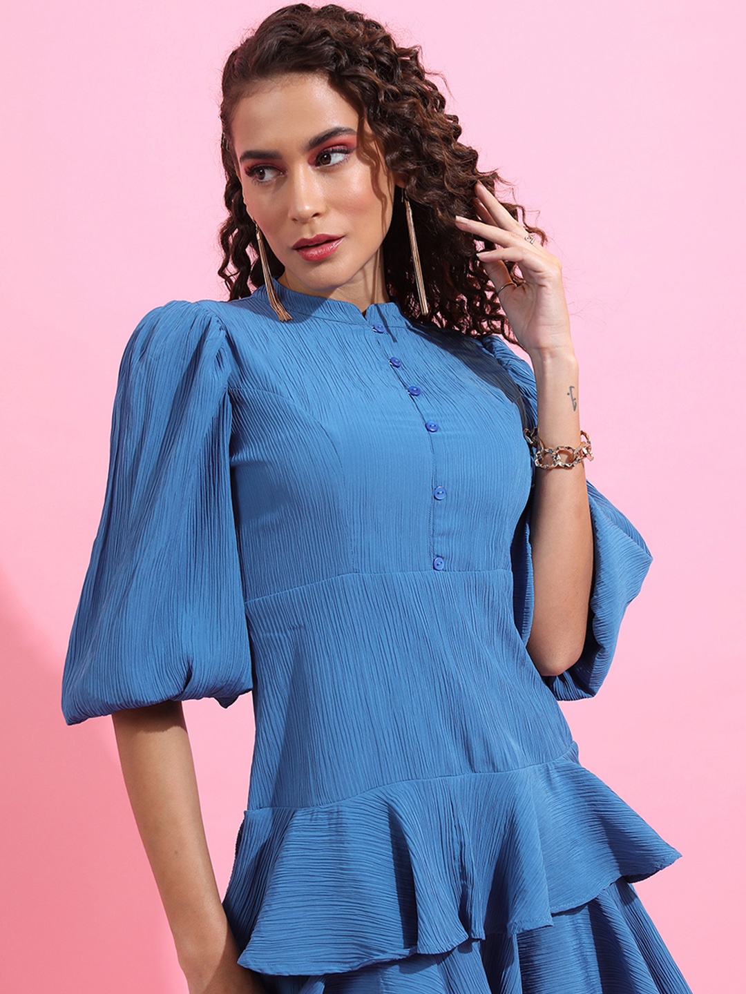 

Tokyo Talkies Women Solid Mock Neck Fit & Flare Mini Dress, Blue