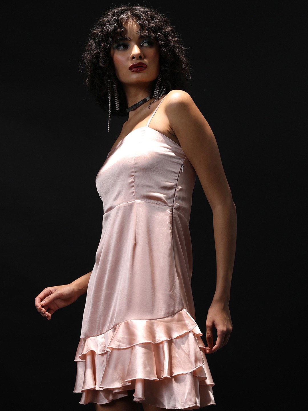 

Tokyo Talkies Women Solid Frill Detail Fit and Flare Dress, Peach