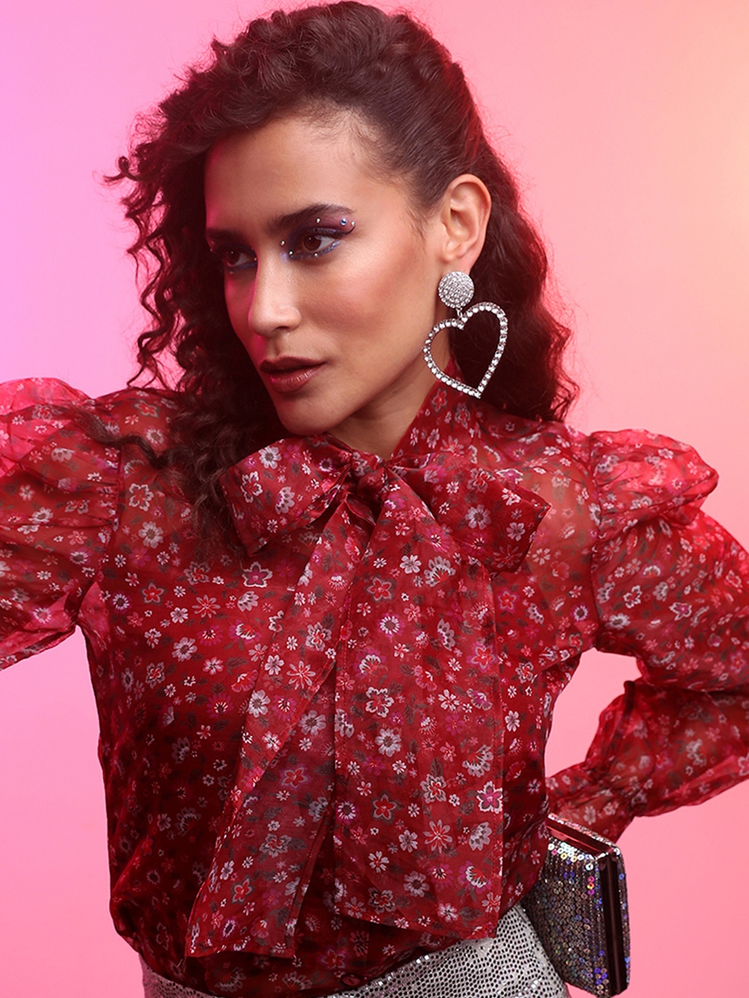

Tokyo Talkies Floral Print Mandarin Collar Top, Maroon