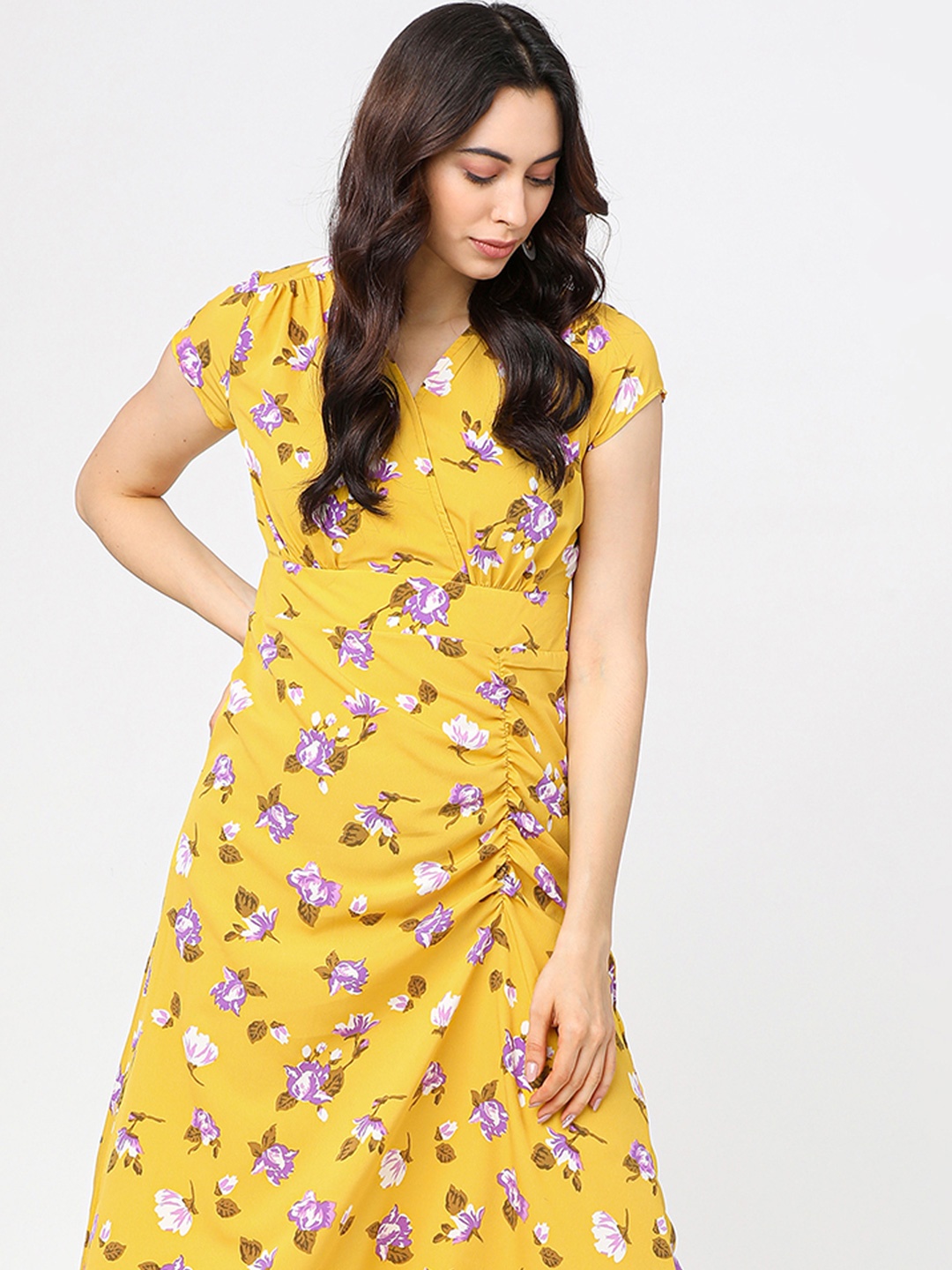 

Tokyo Talkies Women Floral Printed A-Line Midi Dress, Yellow