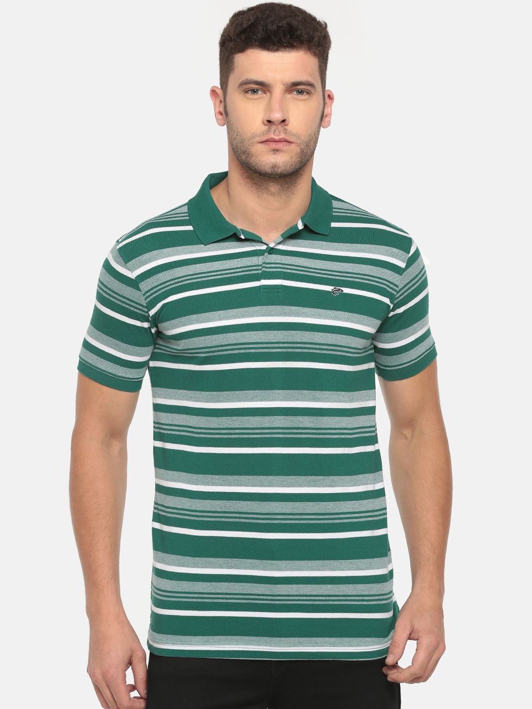 

Ruggers Men Green & White Striped Polo Collar T-shirt