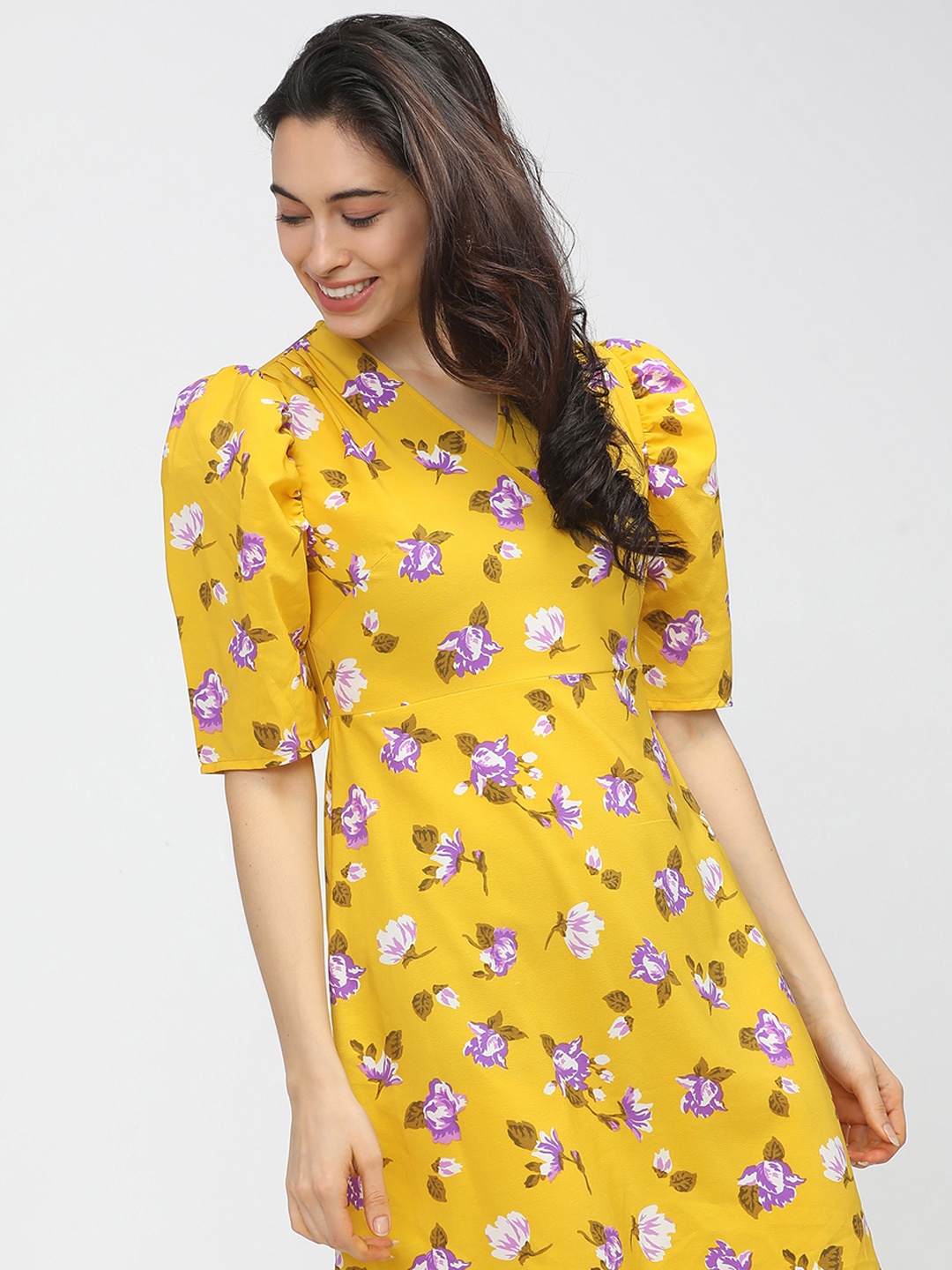 

Tokyo Talkies Floral Printed A-Line Knee Length Dress, Yellow