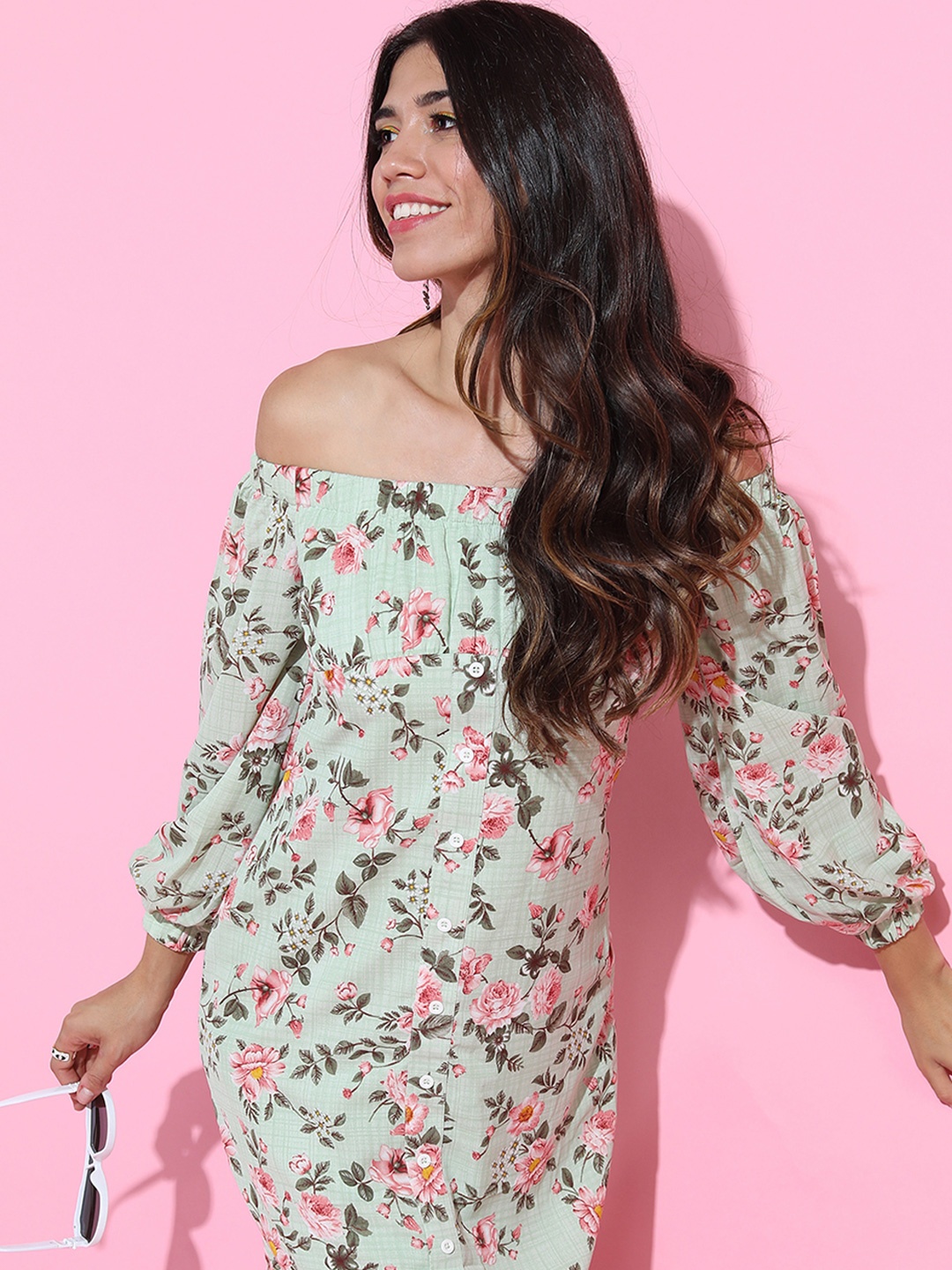 

Tokyo Talkies Floral Print Off-Shoulder Fit & Flare Dress, Green