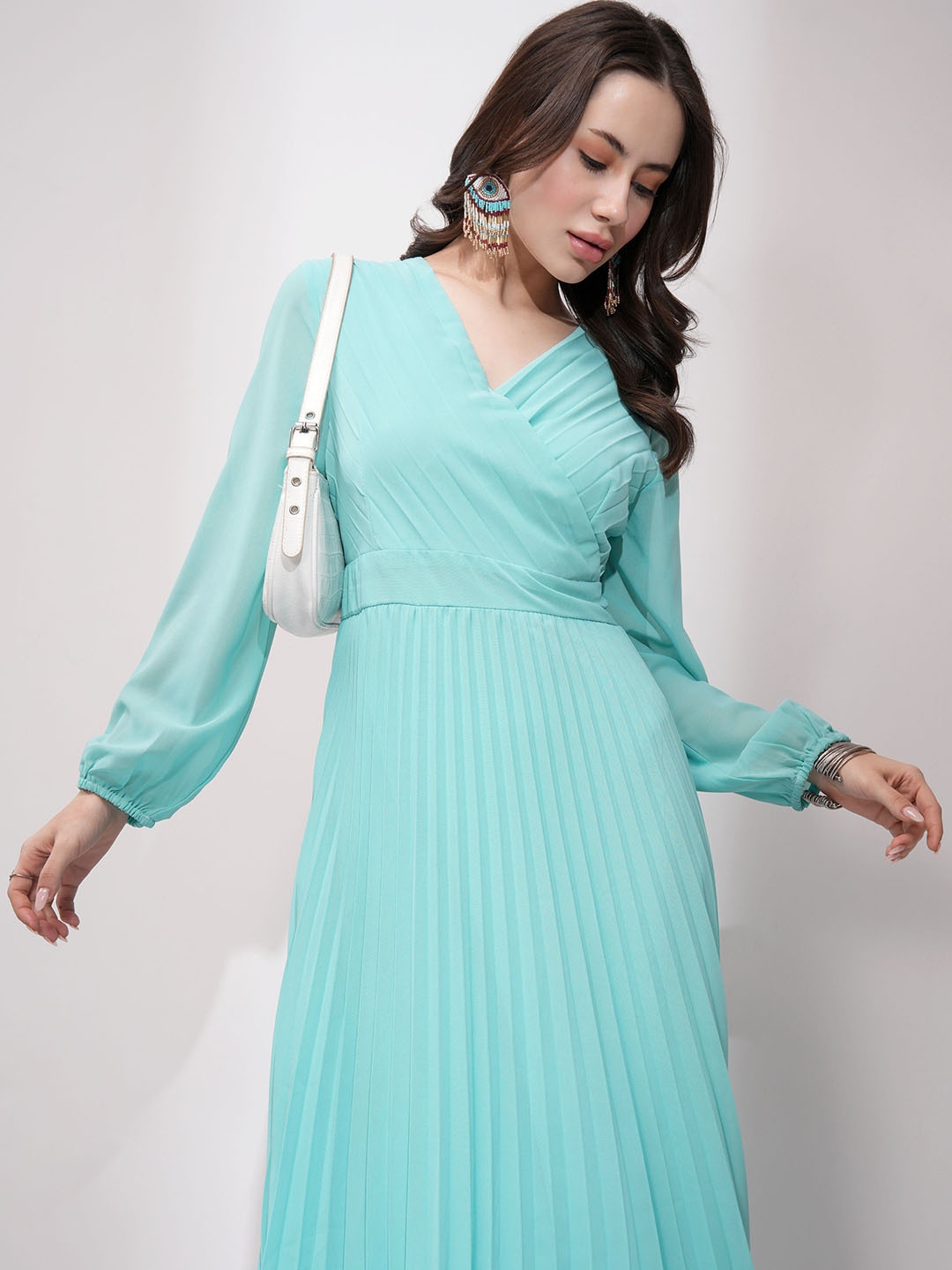 Tokyo Talkies Women Accordion Pleated A-Line Midi Dress, Blue
