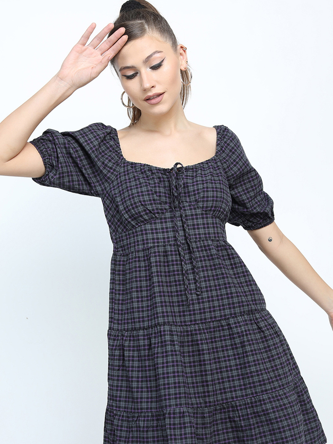 

Tokyo Talkies Women Checked A-Line Mini Dress, Black