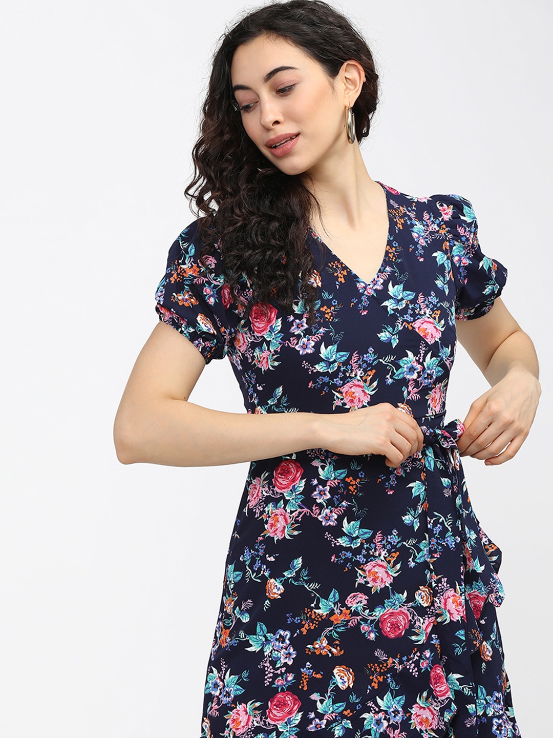 

Tokyo Talkies Women Floral Printed V-neck Fit & Flare Mini Dress, Navy blue