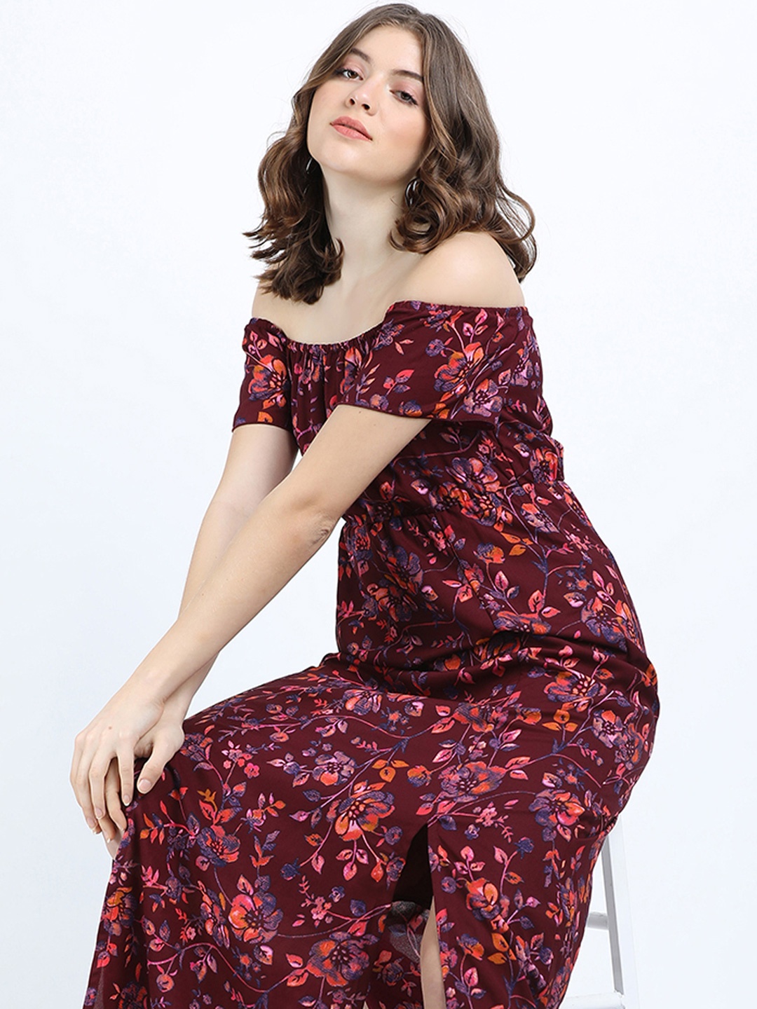 

Tokyo Talkies Women Floral Printed Off-Shoulder Maxi Dress, Maroon