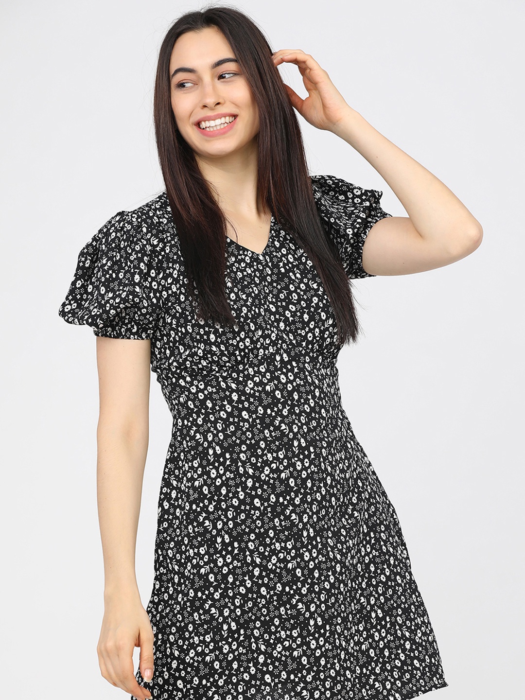 

Tokyo Talkies Floral Printed A-Line Dress, Black