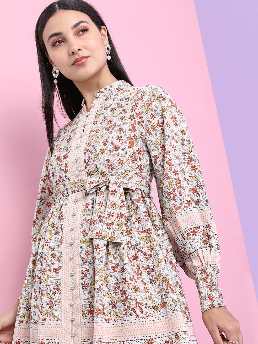

Tokyo Talkies Women Floral Printed Puff Sleeves Fit & Flare Dress, Grey