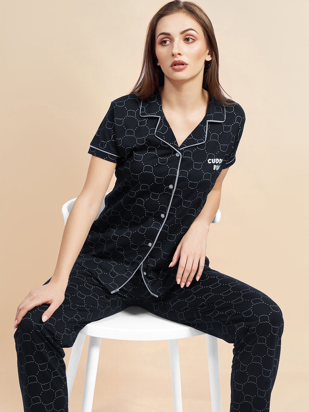 

PASTEL CLIP Women Abstract Printed Night suit, Navy blue