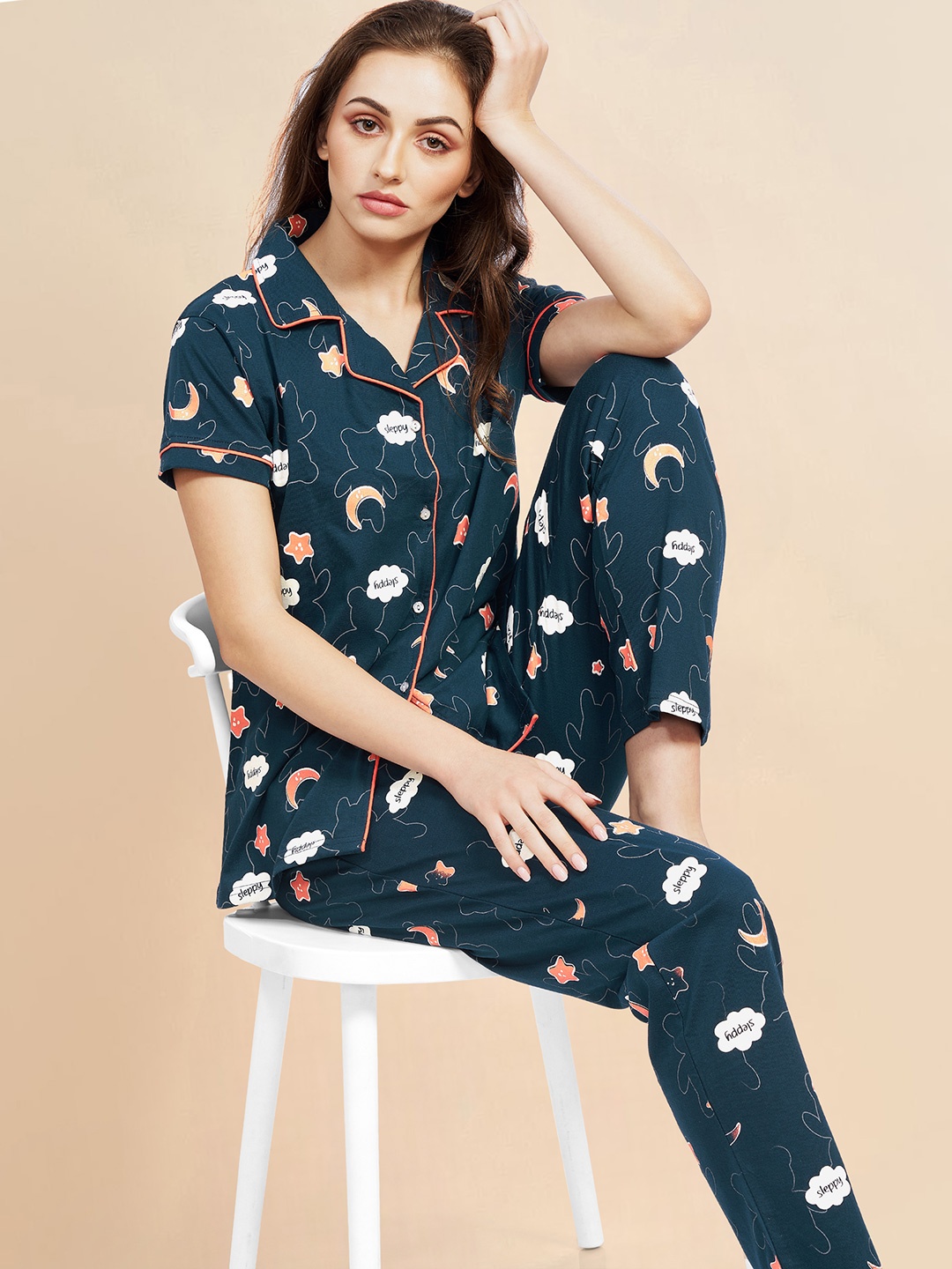 

PASTEL CLIP Women Geometric Printed Lapel Collar Pure Cotton Night suit, Blue