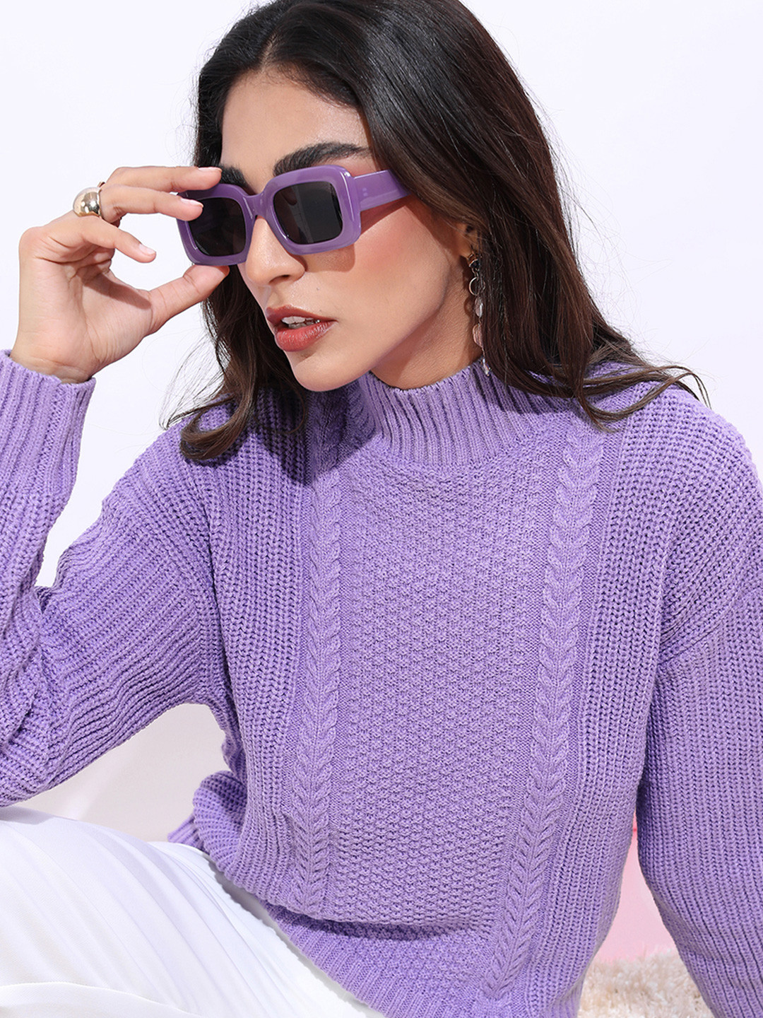 

Tokyo Talkies Women Cable Knit Pullover, Purple