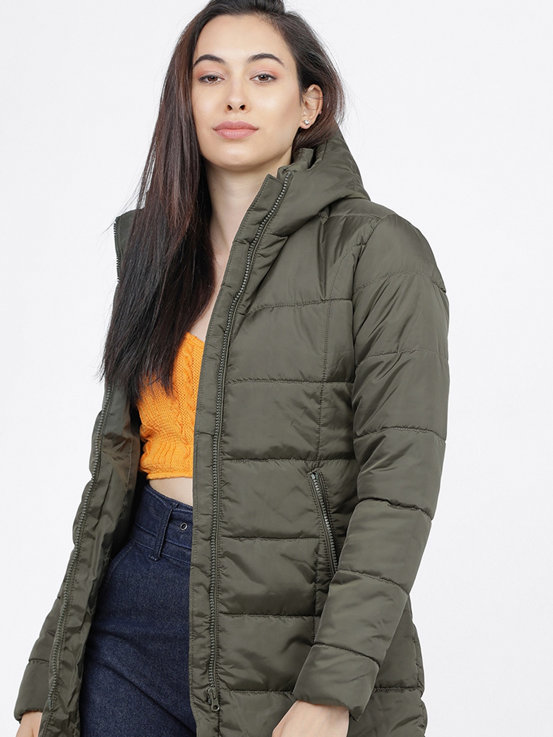 

Tokyo Talkies Women Longline Puffer Jacket, Olive