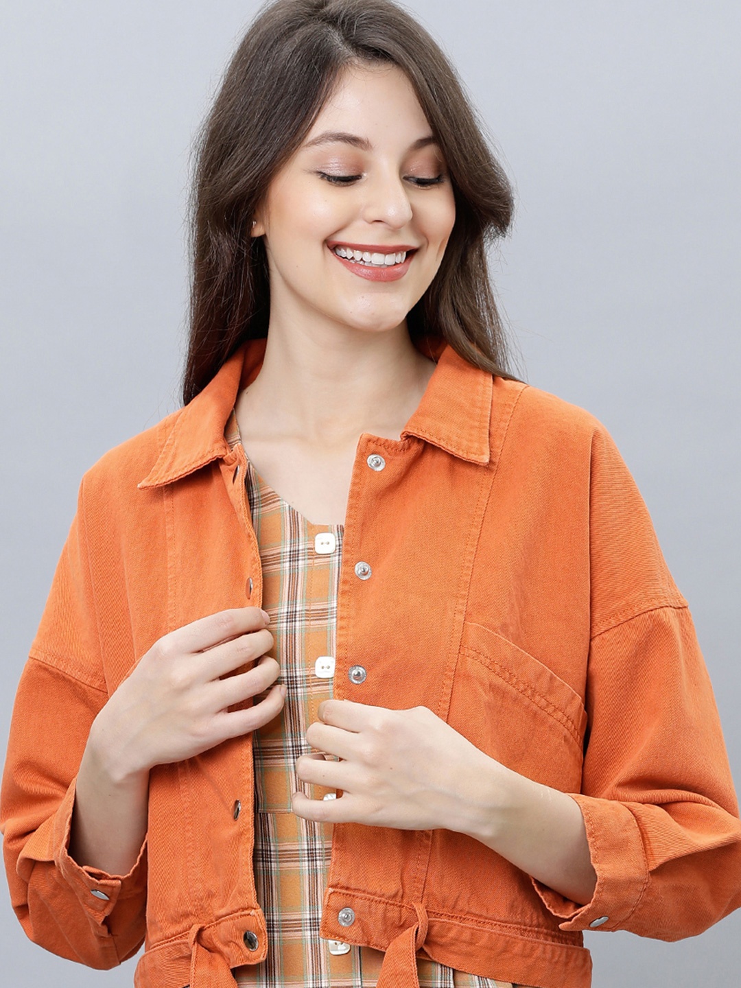 

Tokyo Talkies Women Crop Denim Jacket, Rust