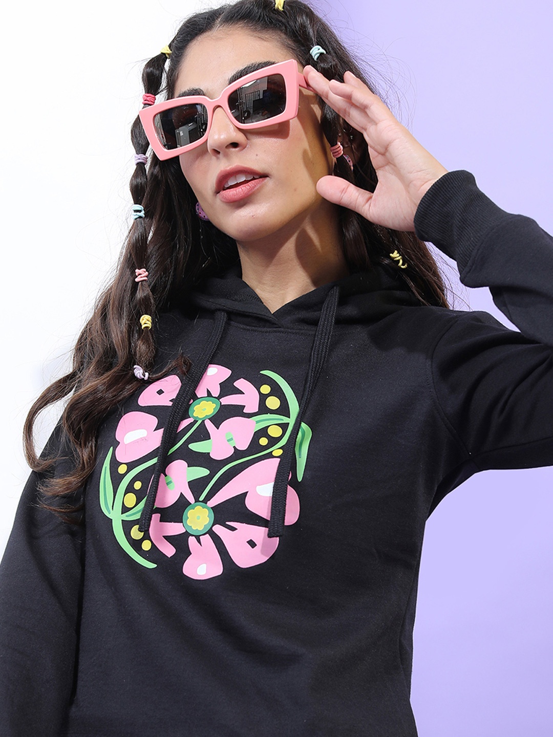 

Tokyo Talkies Women Printed Hooded Sweatshirt, Black