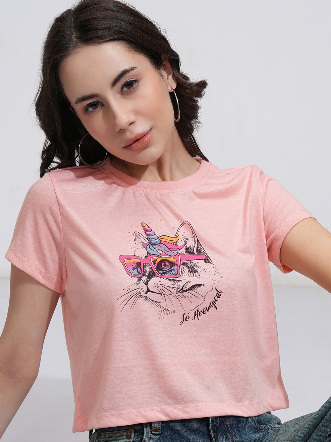 

Tokyo Talkies Women Printed Slim Fit T-shirt, Pink
