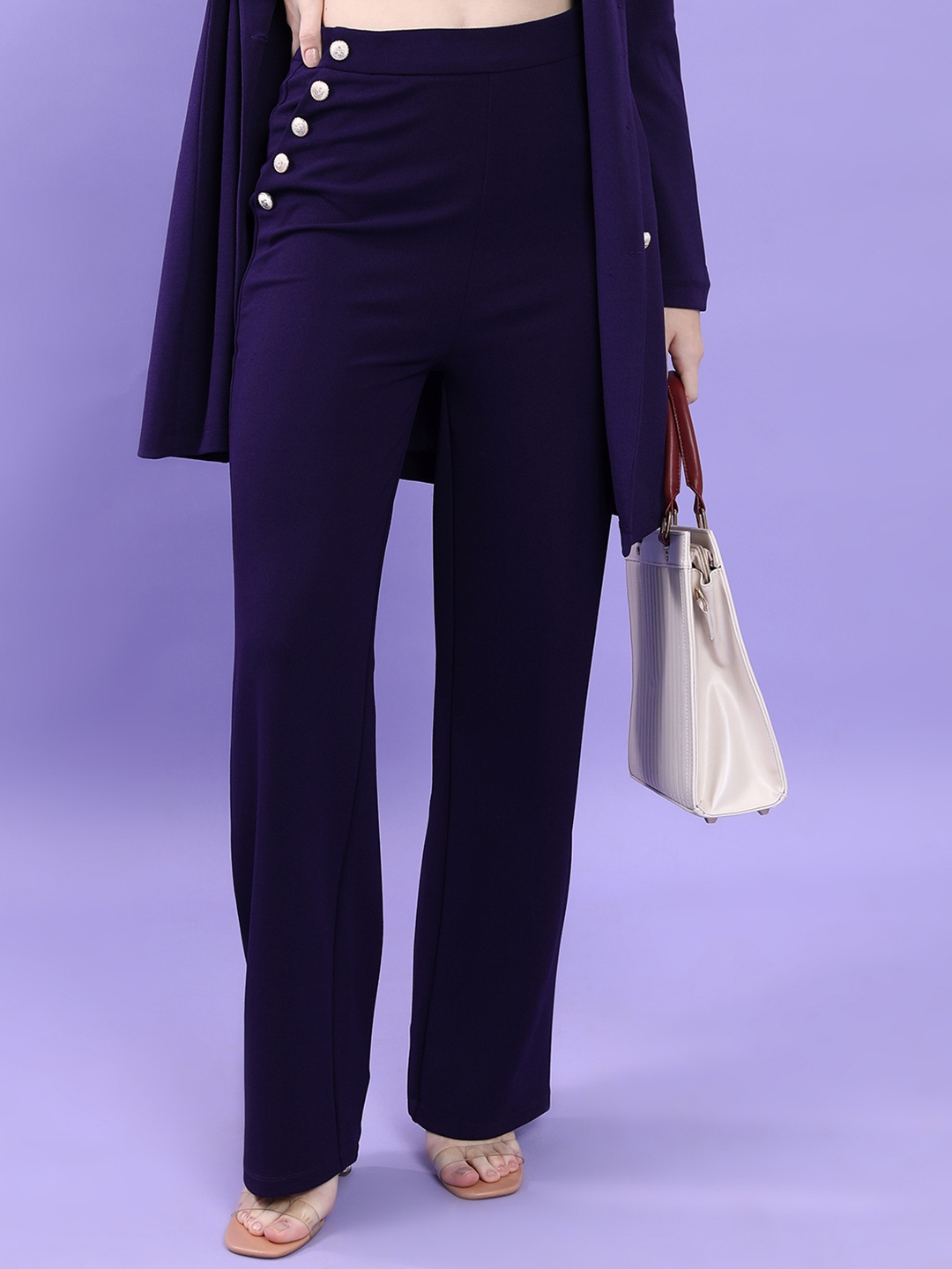 

Tokyo Talkies Women High Waist Flared Trousers, Navy blue