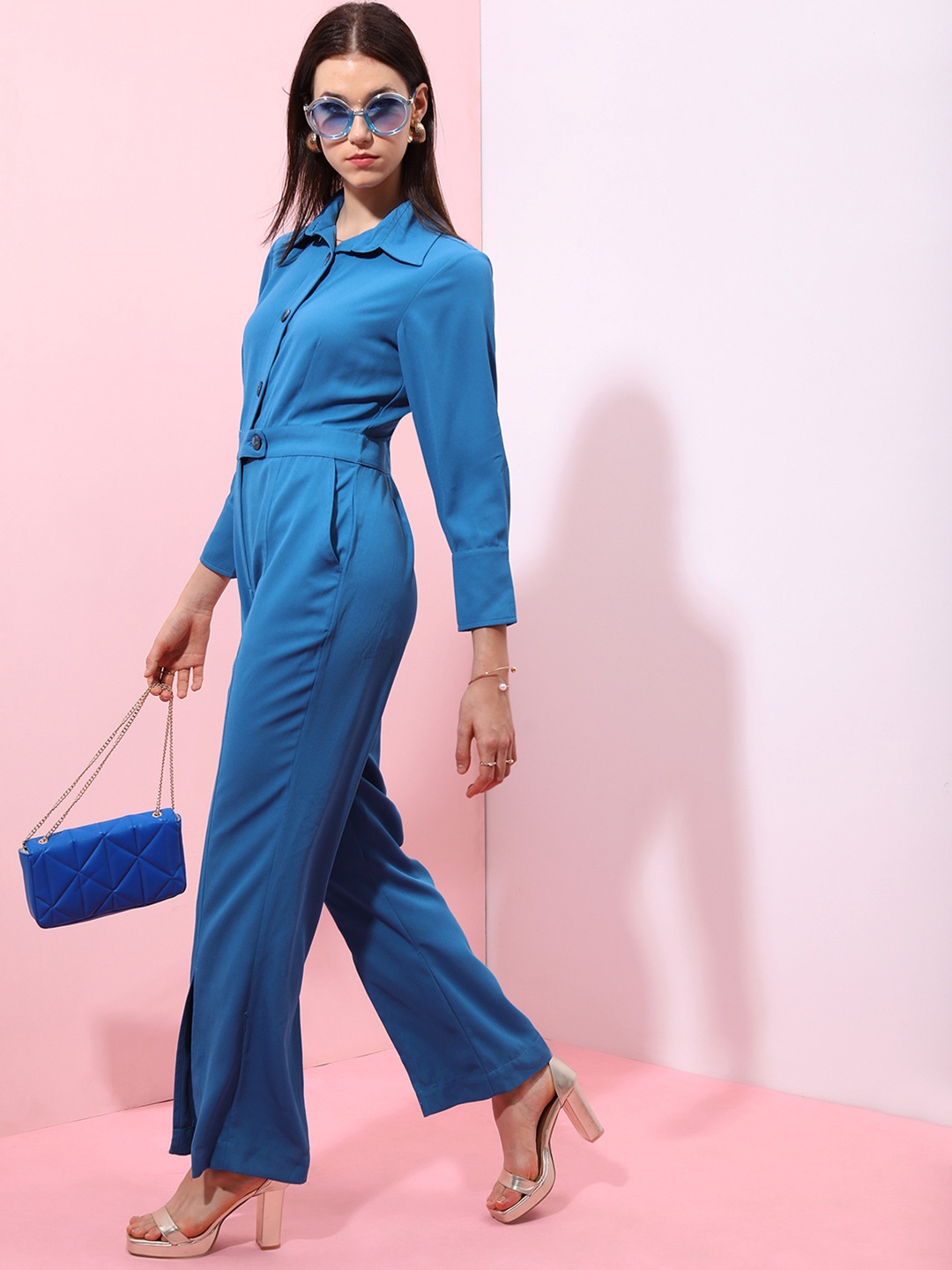 

Tokyo Talkies Women Solid Three-Quarter Sleeves Basic Jumpsuit, Blue