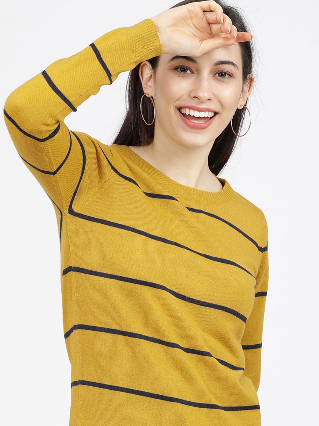 

Tokyo Talkies Women Striped Pullover, Mustard