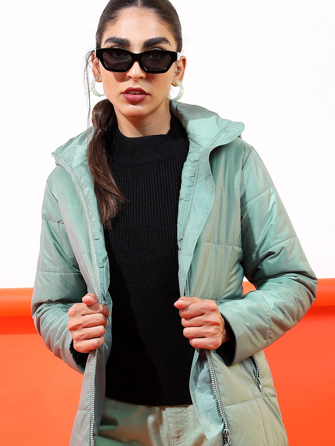 

Tokyo Talkies Women Longline Puffer Jacket, Green