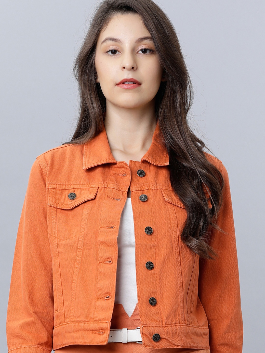 

Tokyo Talkies Women Crop Denim Jacket, Rust